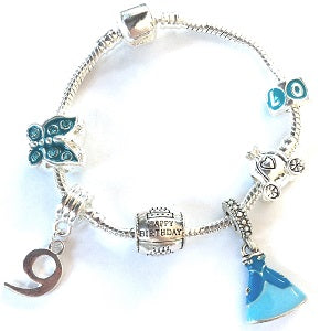 Children's Blue 'Happy 9th Birthday' Silver Plated Charm Bead Bracelet