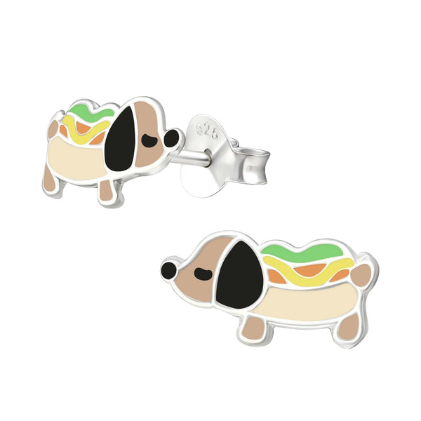 Children's Sterling Silver Puppy Hot Dog Stud Earrings
