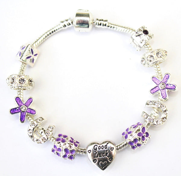 Teenager's 'Purple Flower Good Luck' Silver Plated Charm Bracelet