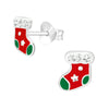 Children's Sterling Silver Red and Green Christmas Stocking Stud Earrings