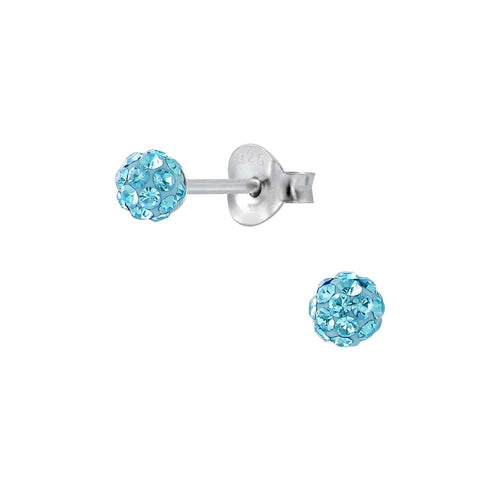 925 Sterling Silver Aqua Blue CZ Crystal 4mm Disco Ball Earrings