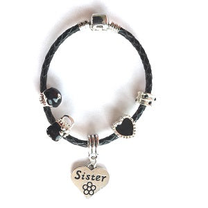 black leather sister bracelet with charms and beads