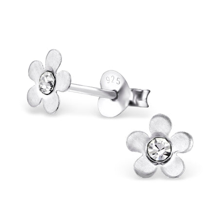 Children's Sterling Silver 'Swirl Flower with Aqua Blue Crystal' Stud Earrings