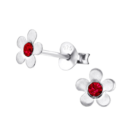 Children's Sterling Silver 'Swirl Flower with Rose Pink Crystal' Stud Earrings