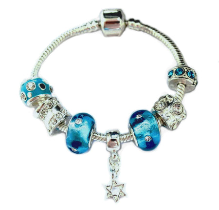 Children's Blue 'Happy 7th Birthday' Silver Plated Charm Bead Bracelet