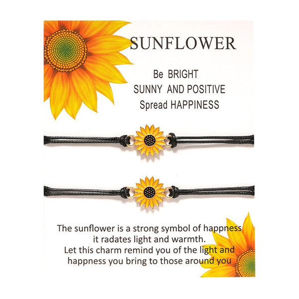 Two Adjustable Sunflower Friendship Bracelets with Presentation Card
