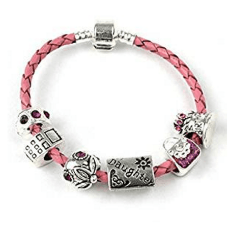 Children's 'Miss Pink' silver plated Pink Leather charm bracelet