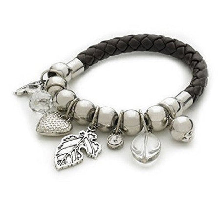 Black & Silver Tone 'Capture My Heart' Stretch Charm and Bead Bracelet