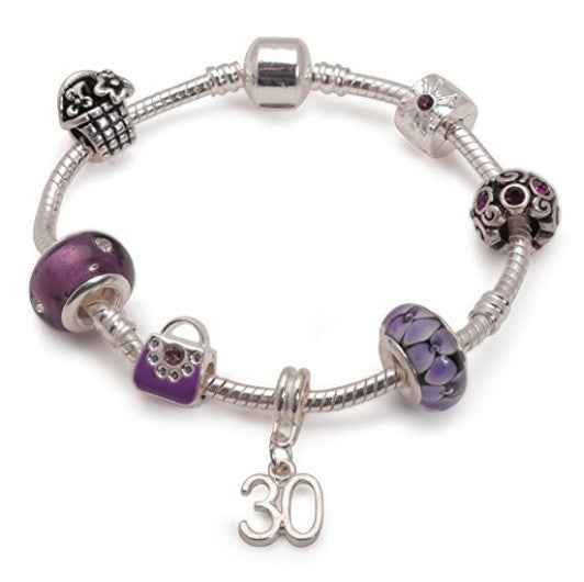 Age 30 'Purple Fleur' Silver Plated Charm Bead Bracelet – Liberty