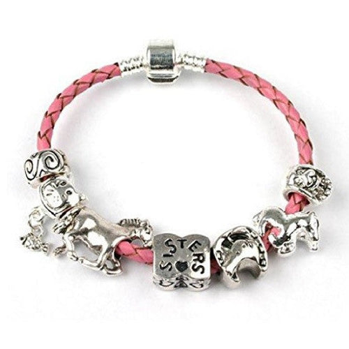 pink leather sister bracelet with charms and beads