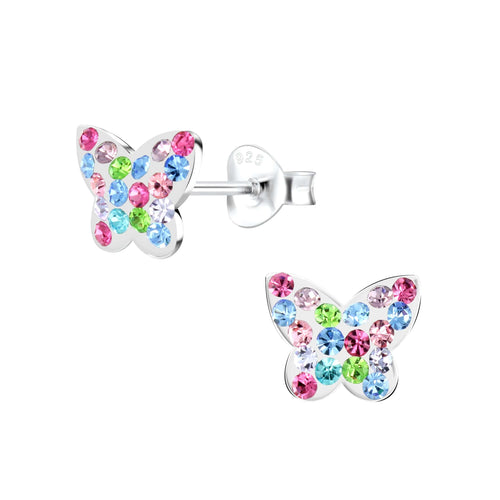 Children's Sterling Silver 'Multicoloured Sparkle Butterfly' Crystal Stud Earrings