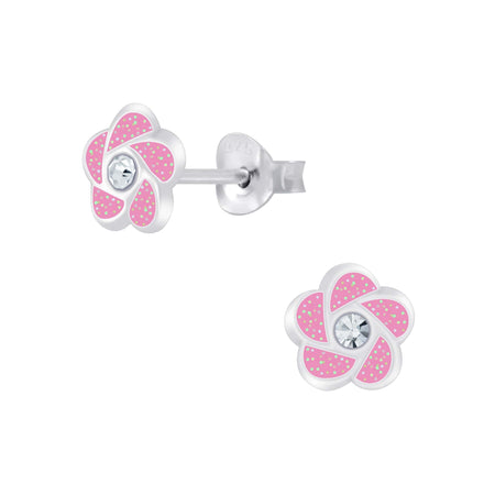 Children's Sterling Silver 'Swirl Flower with Rose Pink Crystal' Stud Earrings