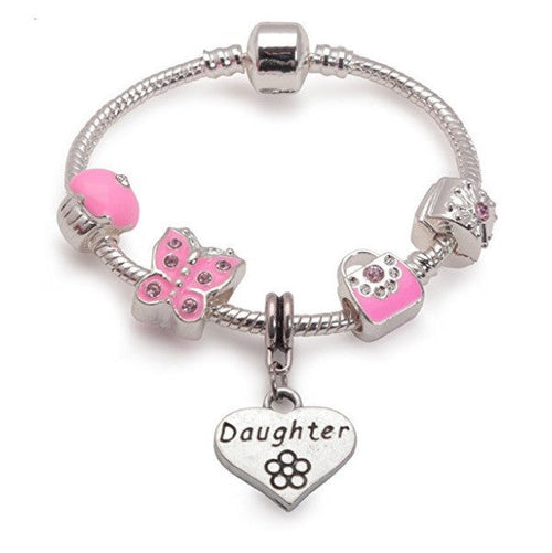 Children's Daughter 'Pretty In Pink' Silver Plated Charm Bead Bracelet