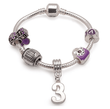 Childrens Pink 'Happy 3rd Birthday' Silver Plated Charm Bead Bracelet