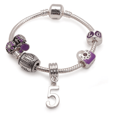 Children's 'Purple Princess 7th Birthday' Silver Plated Charm Bead Bracelet
