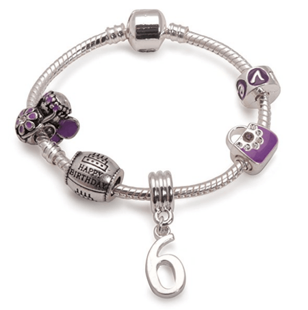 Children's 'Purple Princess 6th Birthday' Silver Plated Charm Bead Bracelet