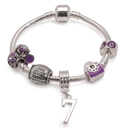Children's Purple 'Happy 8th Birthday' Silver Plated Charm Bead Bracelet
