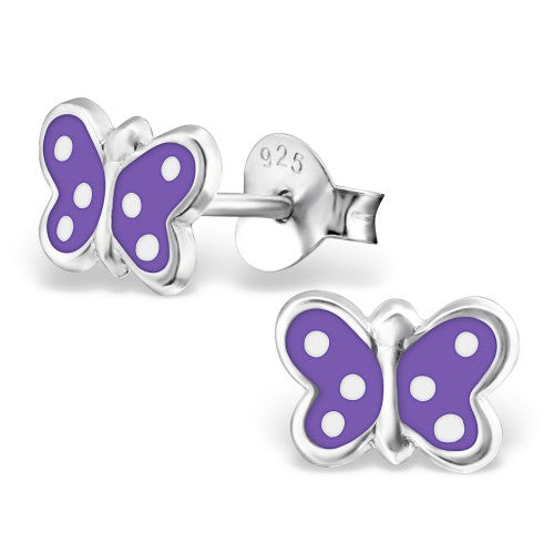 Children's Sterling Silver Spotty Purple Butterfly Stud Earrings