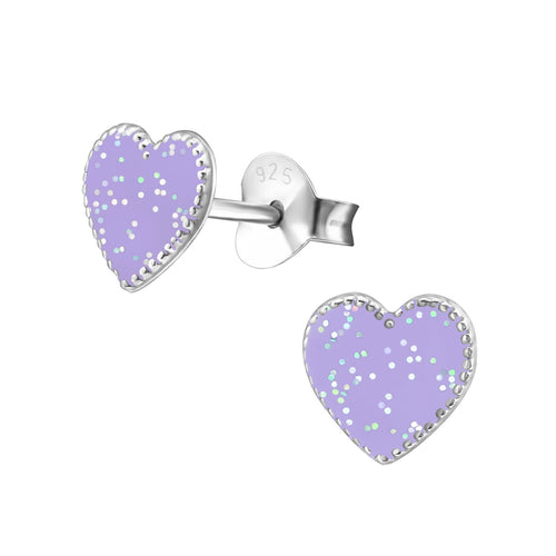 Children's Sterling Silver Purple Glitter Heart Stud Earrings