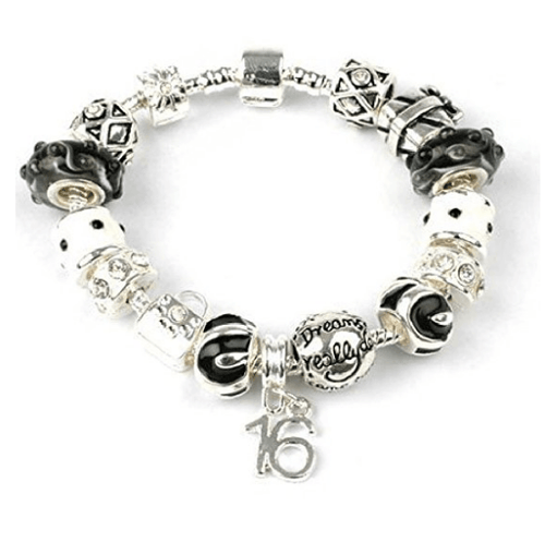 teenage charm bracelet in black and silver for 13, 16th or 18th birthday girl