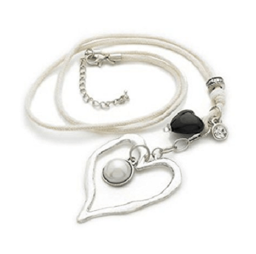 Silver Tone 'Hearts of Inspiration' Crystal Agate Diamante Pendant Leather Cord Necklace 41cm-49cm